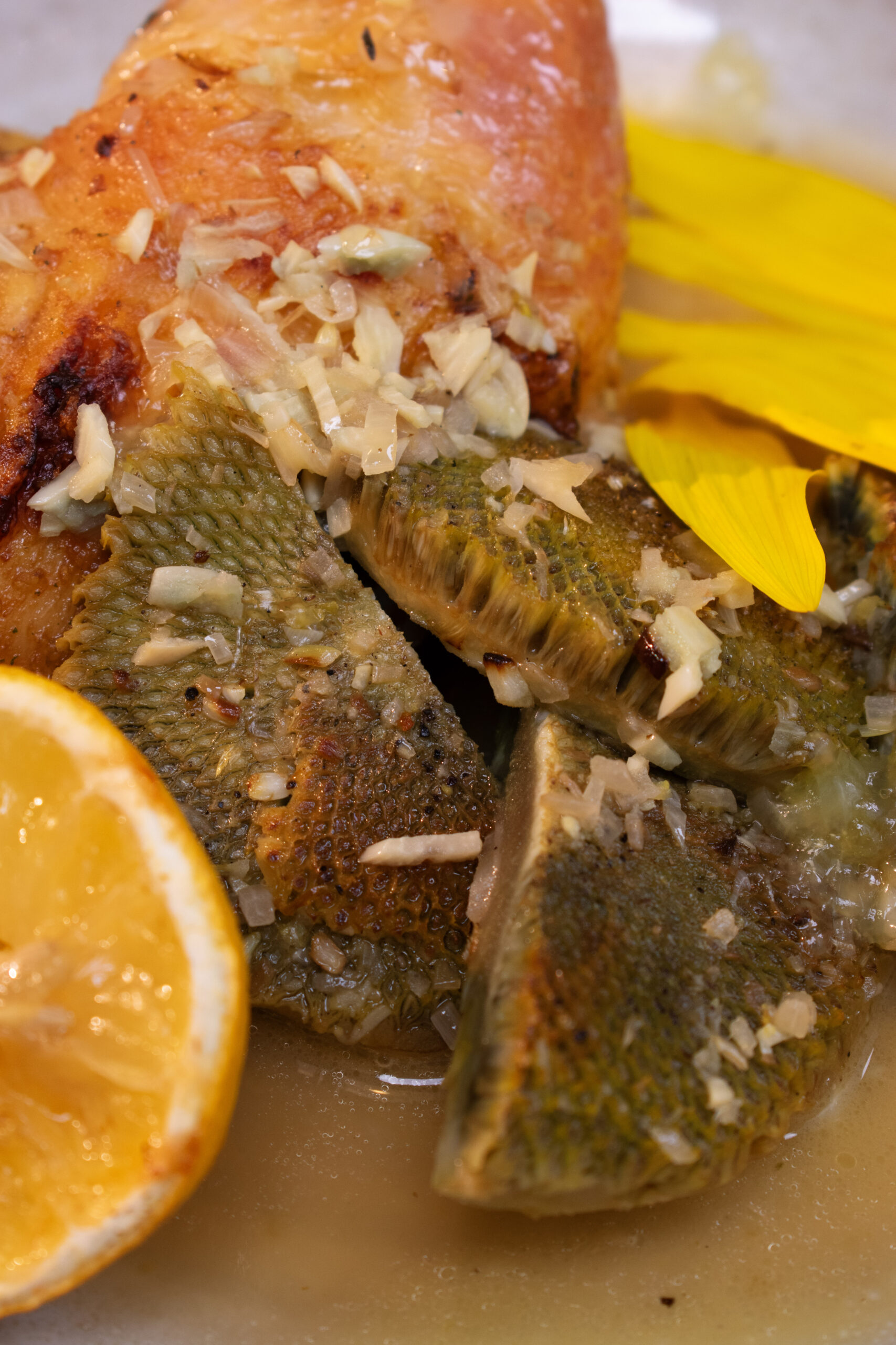 Close-up of a plated fish dish: fillets with almond slivers on top and an orange wedge beside them.